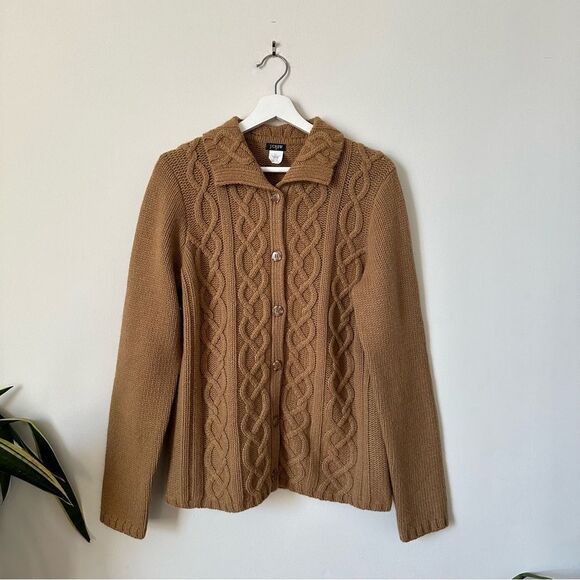 Vintage J. Crew Cable Knit Wool Blend Cardigan Sweater in Tan Size L - Picture 1 of 5